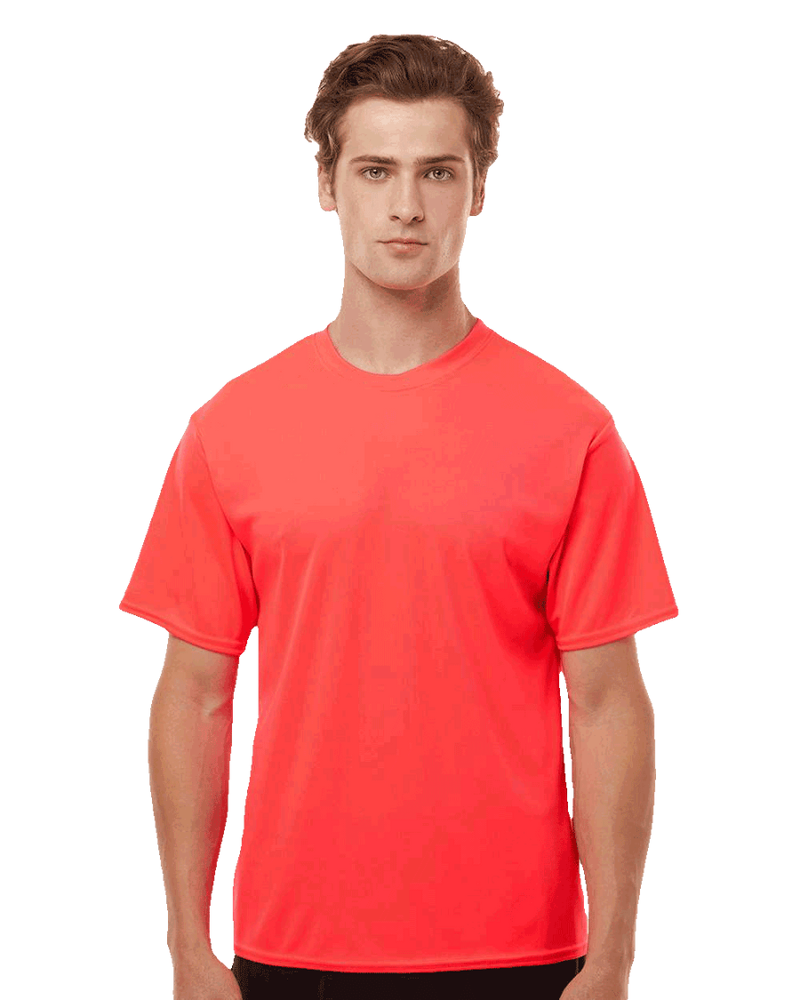 mens neon coral crew neck short sleeve moisture wicking polyester t shirt blank front
