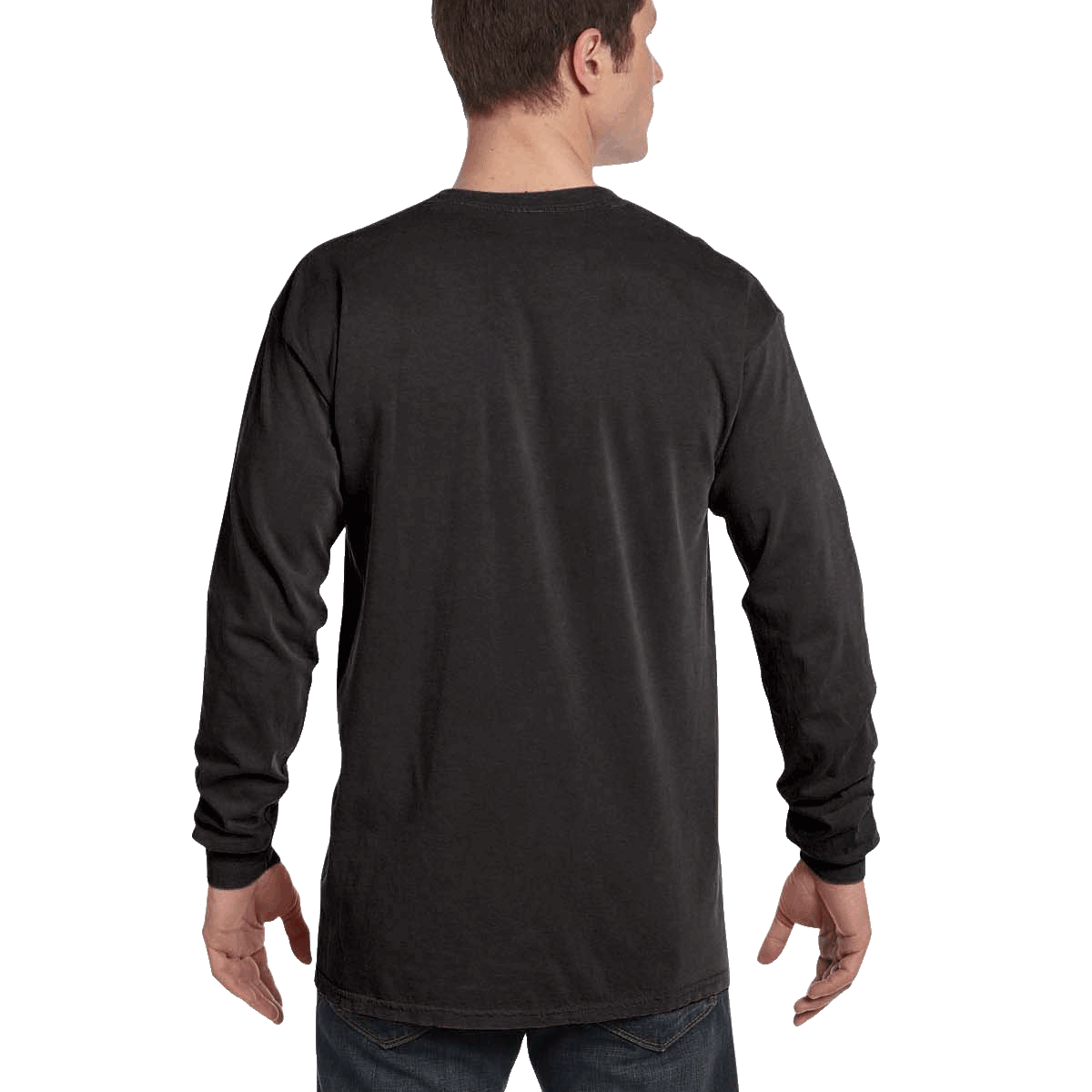 Rear view of a man wearing a Comfort Colors Heavyweight Long Sleeve T-shirt in Black.