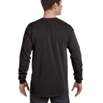 Rear view of a man wearing a Comfort Colors Heavyweight Long Sleeve T-shirt in Black.