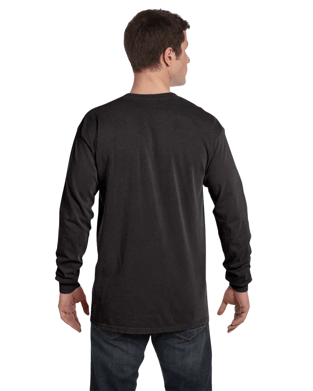 Rear view of a man wearing a Comfort Colors Heavyweight Long Sleeve T-shirt in Black.