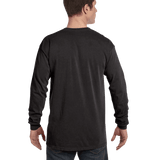 Rear view of a man wearing a Comfort Colors Heavyweight Long Sleeve T-shirt in Black.