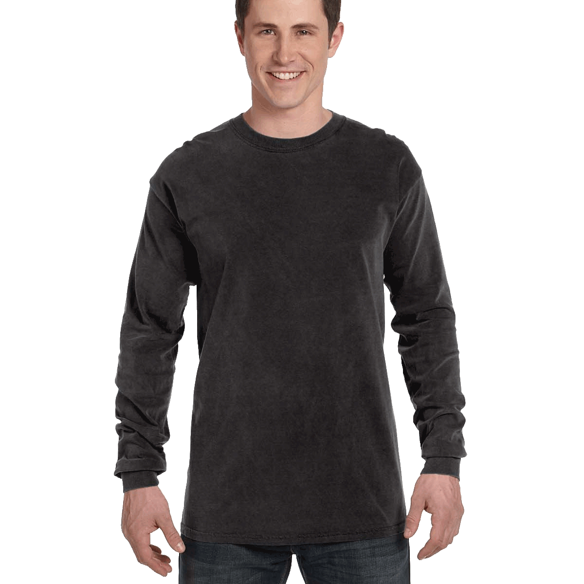 Man wearing a Comfort Colors Heavyweight Long Sleeve T-shirt in Black.