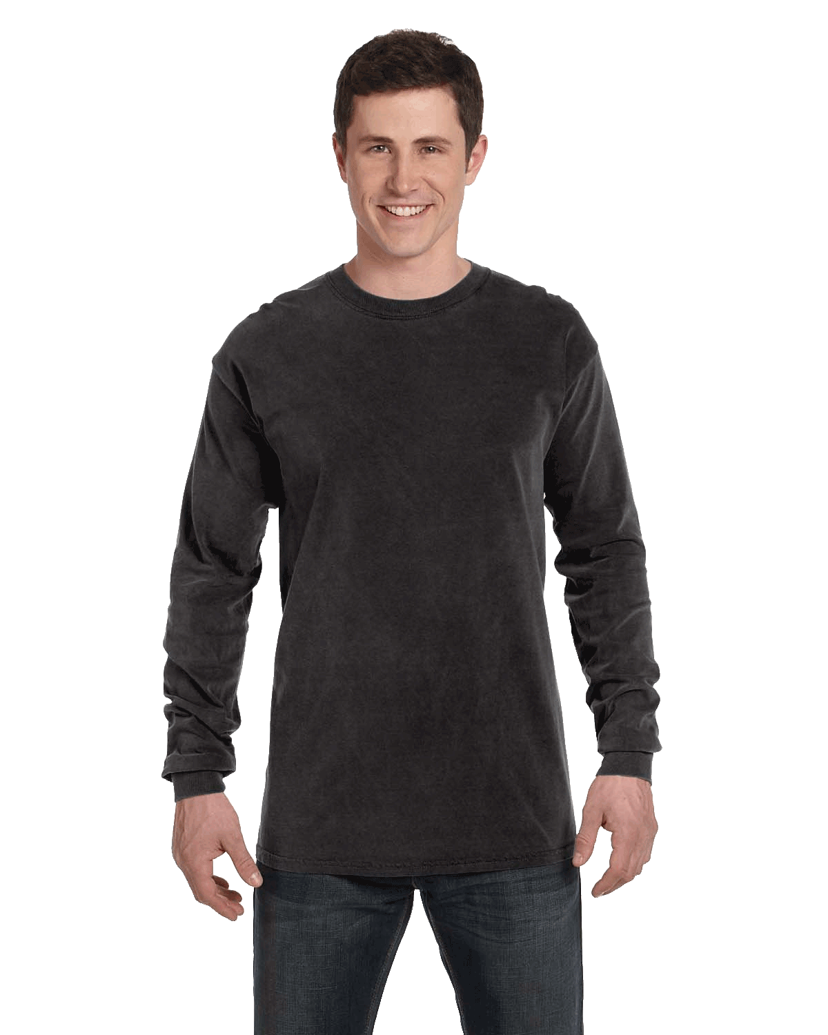 Man wearing a Comfort Colors Heavyweight Long Sleeve T-shirt in Black.