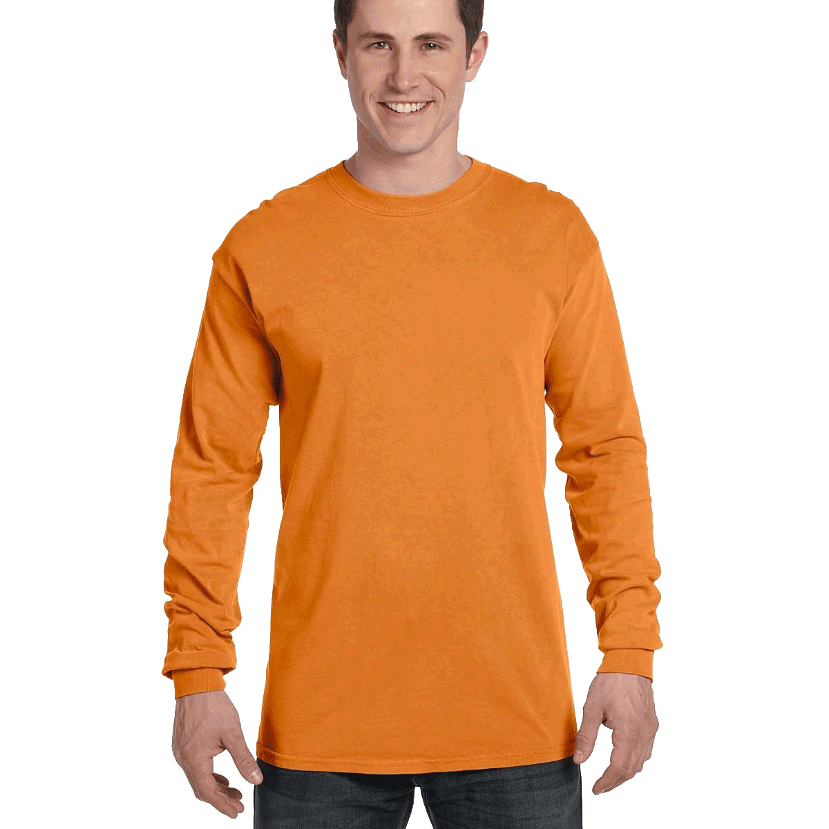 Man wearing a Comfort Colors Heavyweight Long Sleeve T-shirt in Burnt Orange.