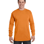 Man wearing a Comfort Colors Heavyweight Long Sleeve T-shirt in Burnt Orange.