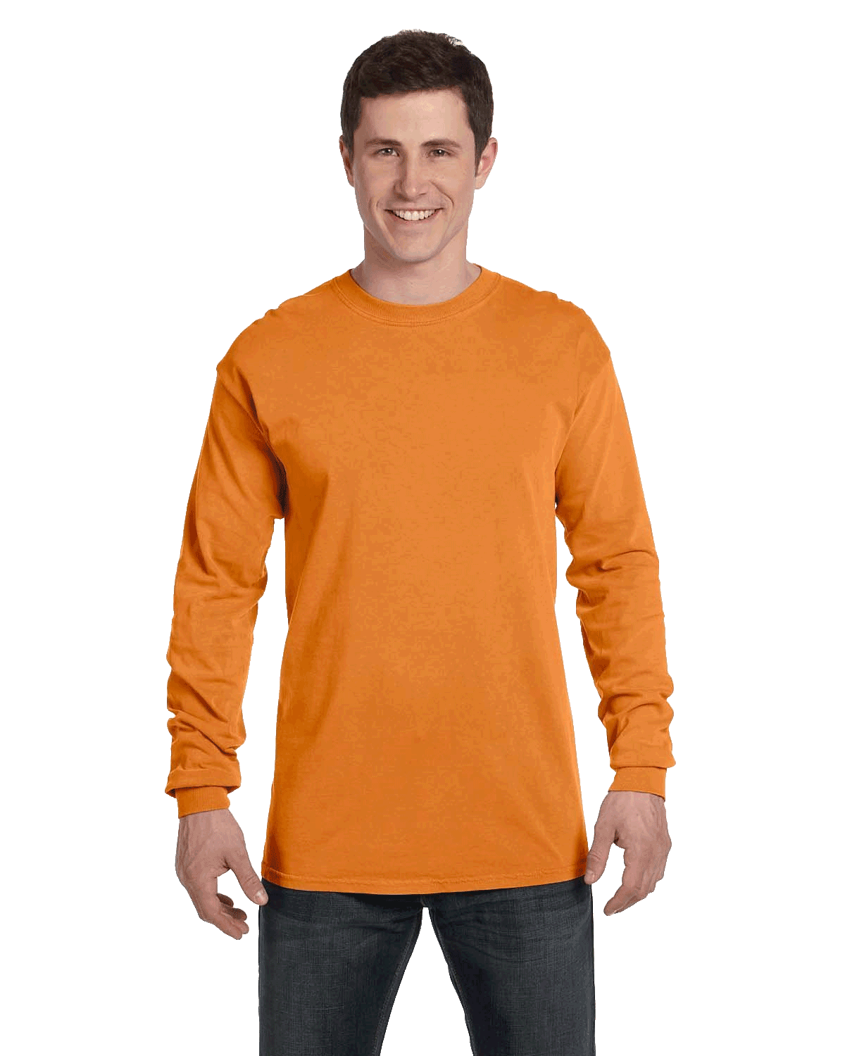 Man wearing a Comfort Colors Heavyweight Long Sleeve T-shirt in Burnt Orange.