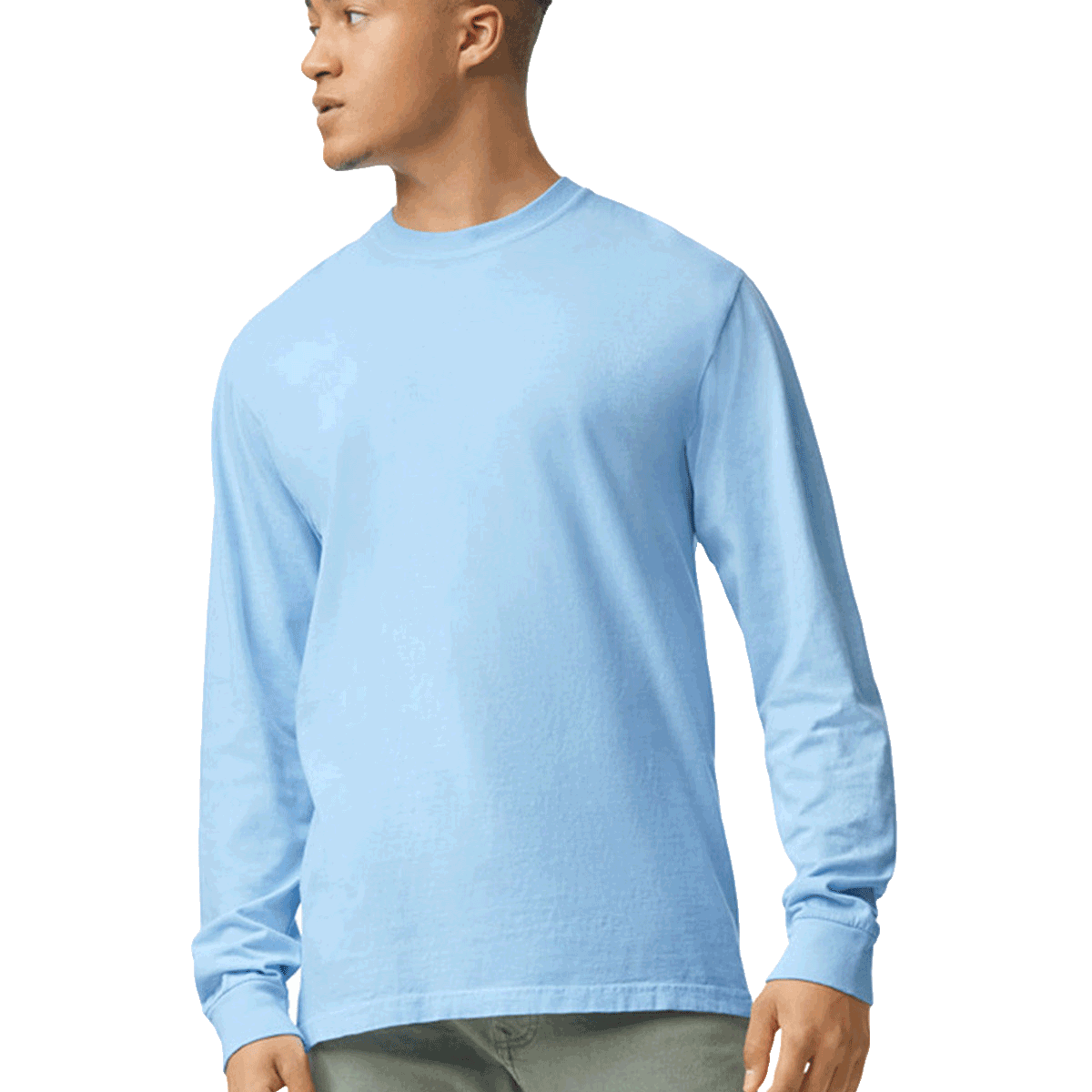 Man wearing a Comfort Colors Heavyweight Long Sleeve T-shirt in Hydrangea.