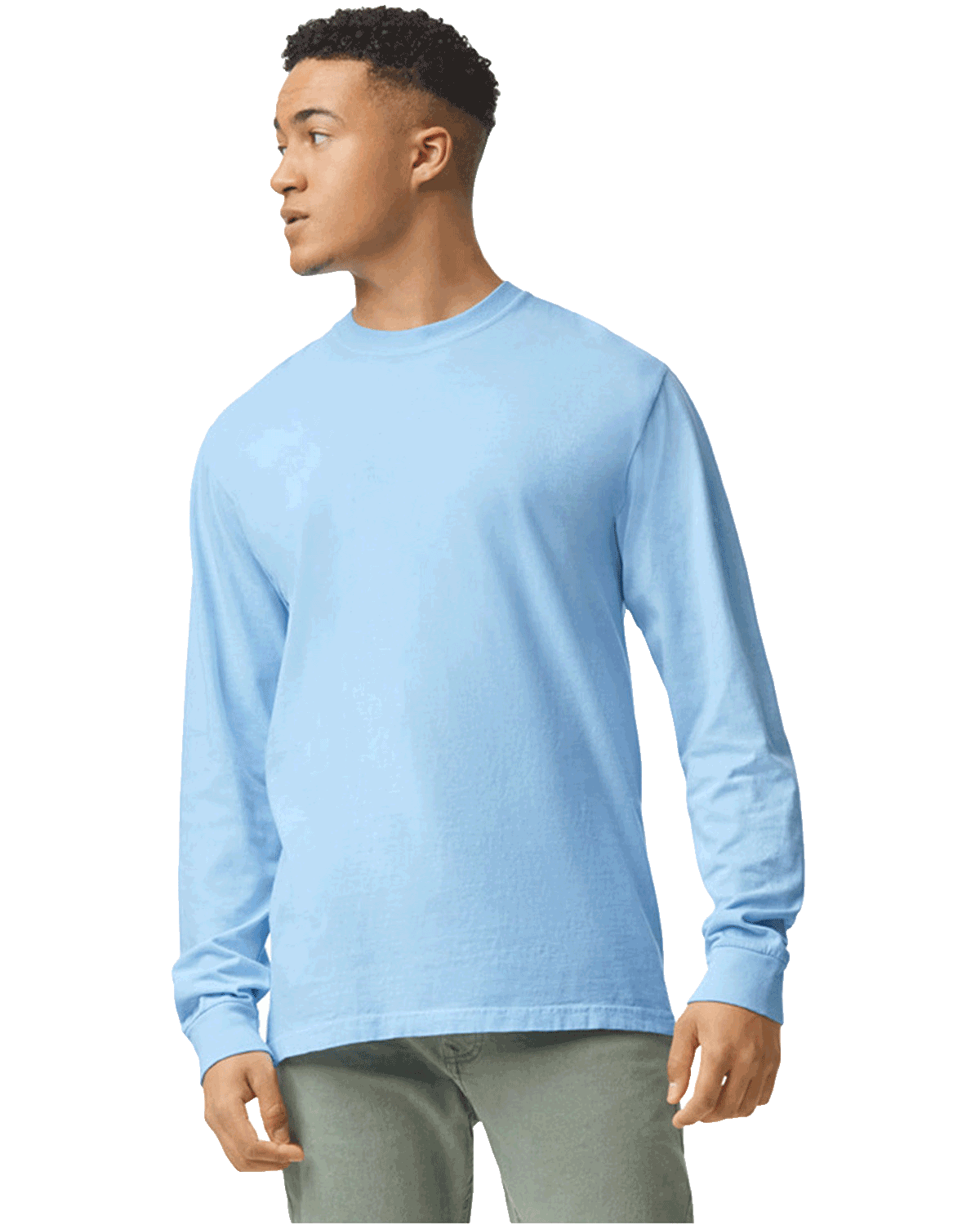 Man wearing a Comfort Colors Heavyweight Long Sleeve T-shirt in Hydrangea.