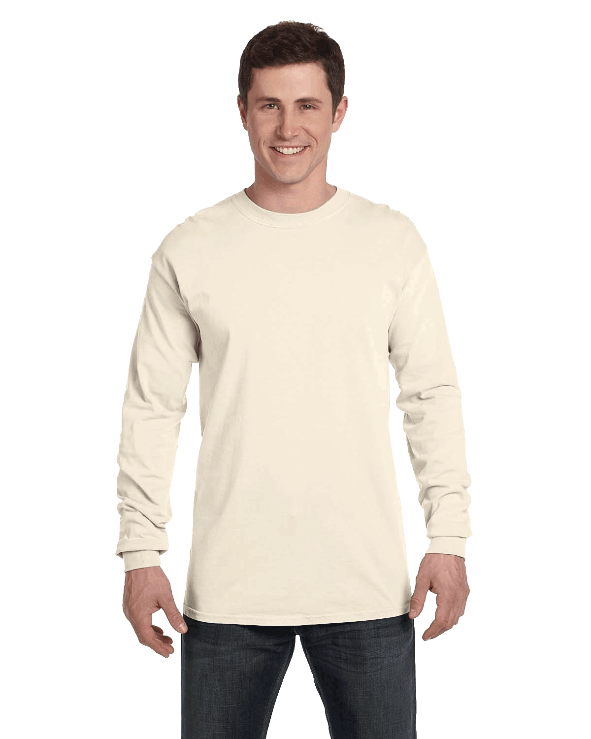 Man wearing a Comfort Colors Heavyweight Long Sleeve T-shirt in Ivory.