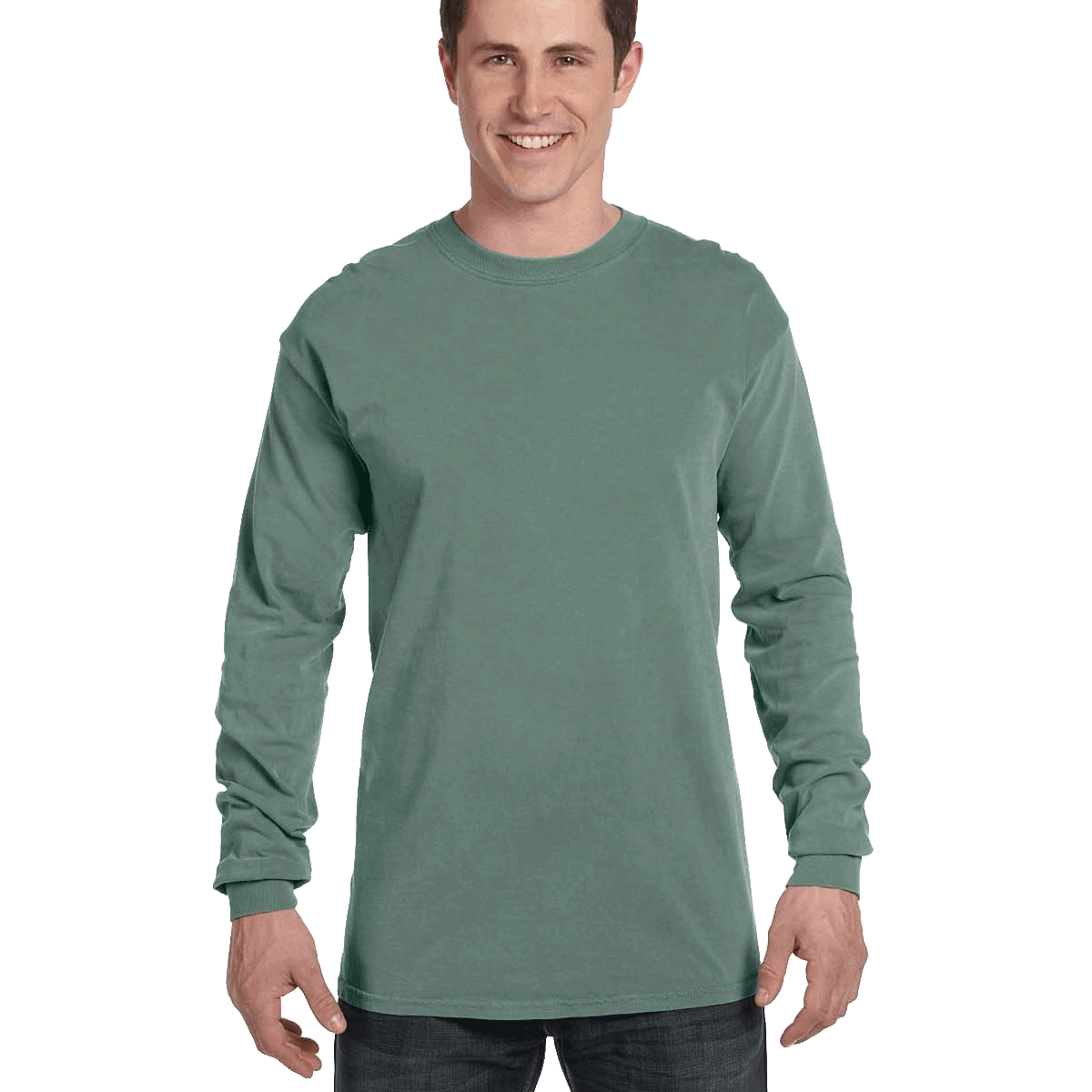 Man wearing a Comfort Colors Heavyweight Long Sleeve T-shirt in Light Green.