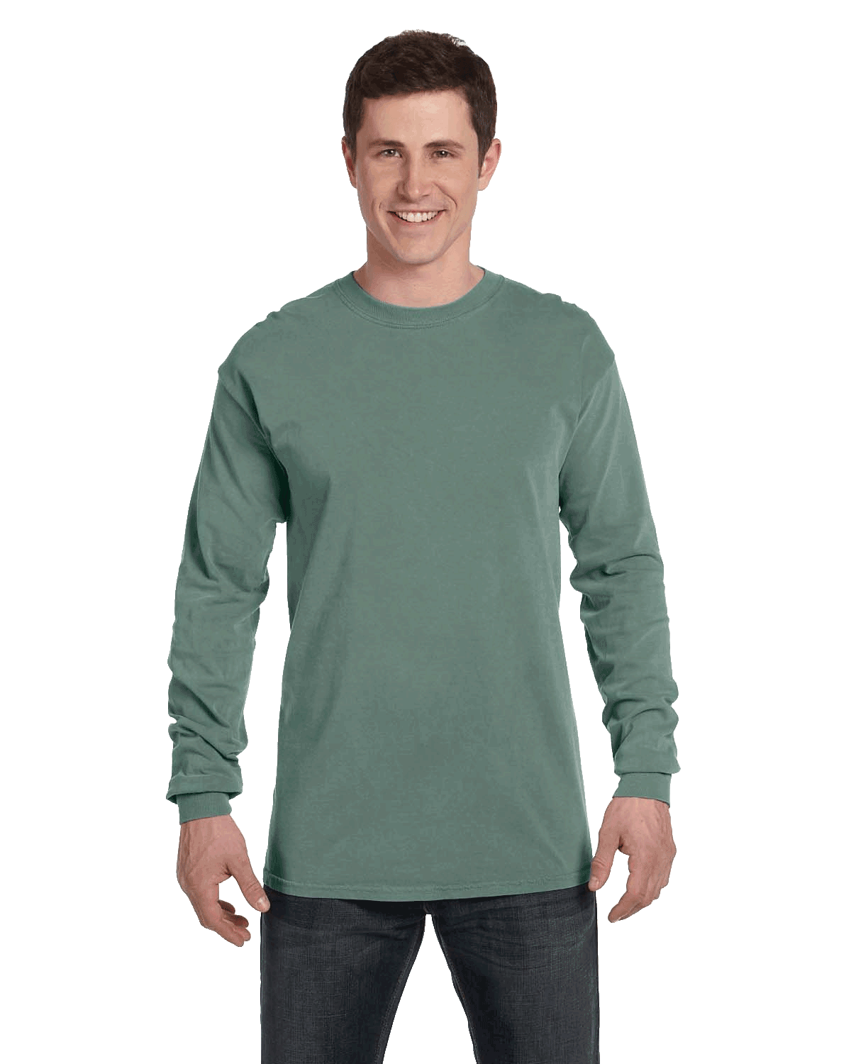 Man wearing a Comfort Colors Heavyweight Long Sleeve T-shirt in Light Green.