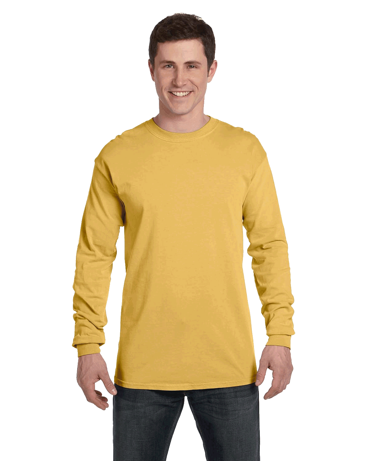 Man wearing a Comfort Colors Heavyweight Long Sleeve T-shirt in Mustard.