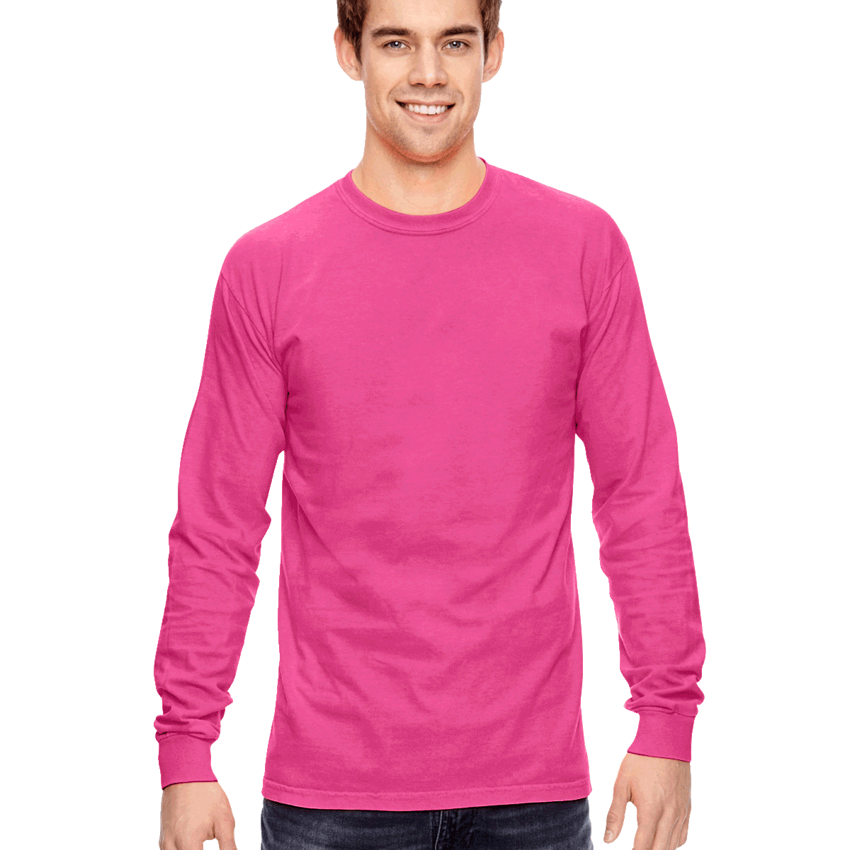 Man wearing a Comfort Colors Heavyweight Long Sleeve T-shirt in Peony.