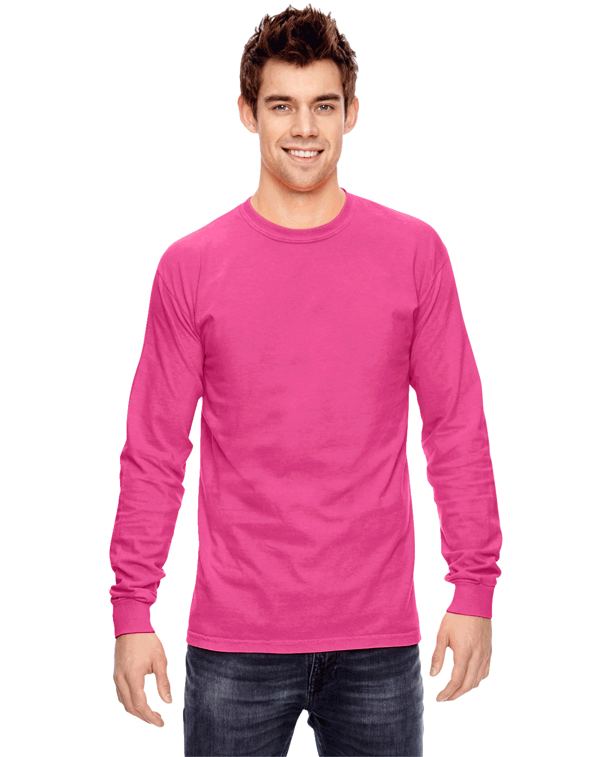 Man wearing a Comfort Colors Heavyweight Long Sleeve T-shirt in Peony.