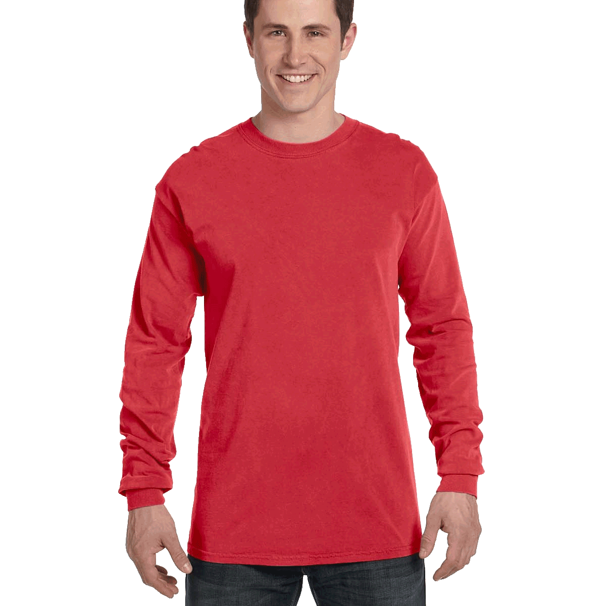 Man wearing a Comfort Colors Heavyweight Long Sleeve T-shirt in Red.