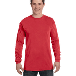 Man wearing a Comfort Colors Heavyweight Long Sleeve T-shirt in Red.