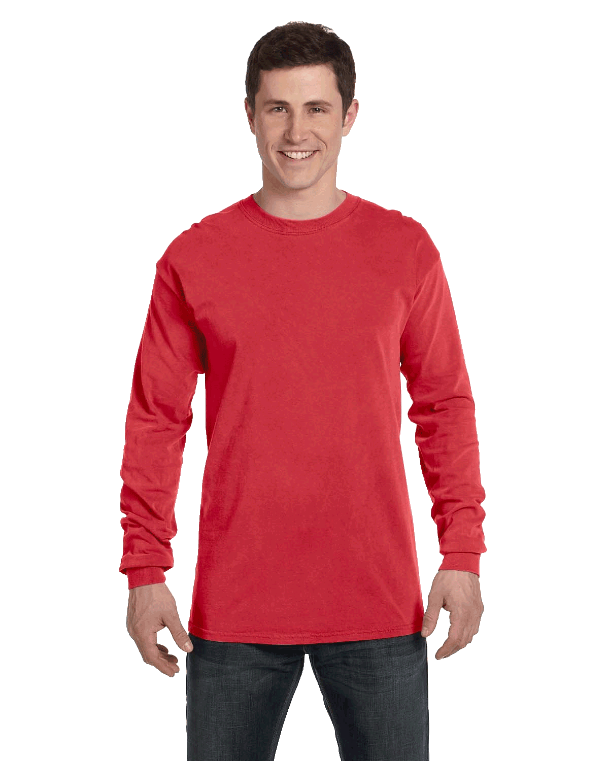 Man wearing a Comfort Colors Heavyweight Long Sleeve T-shirt in Red.