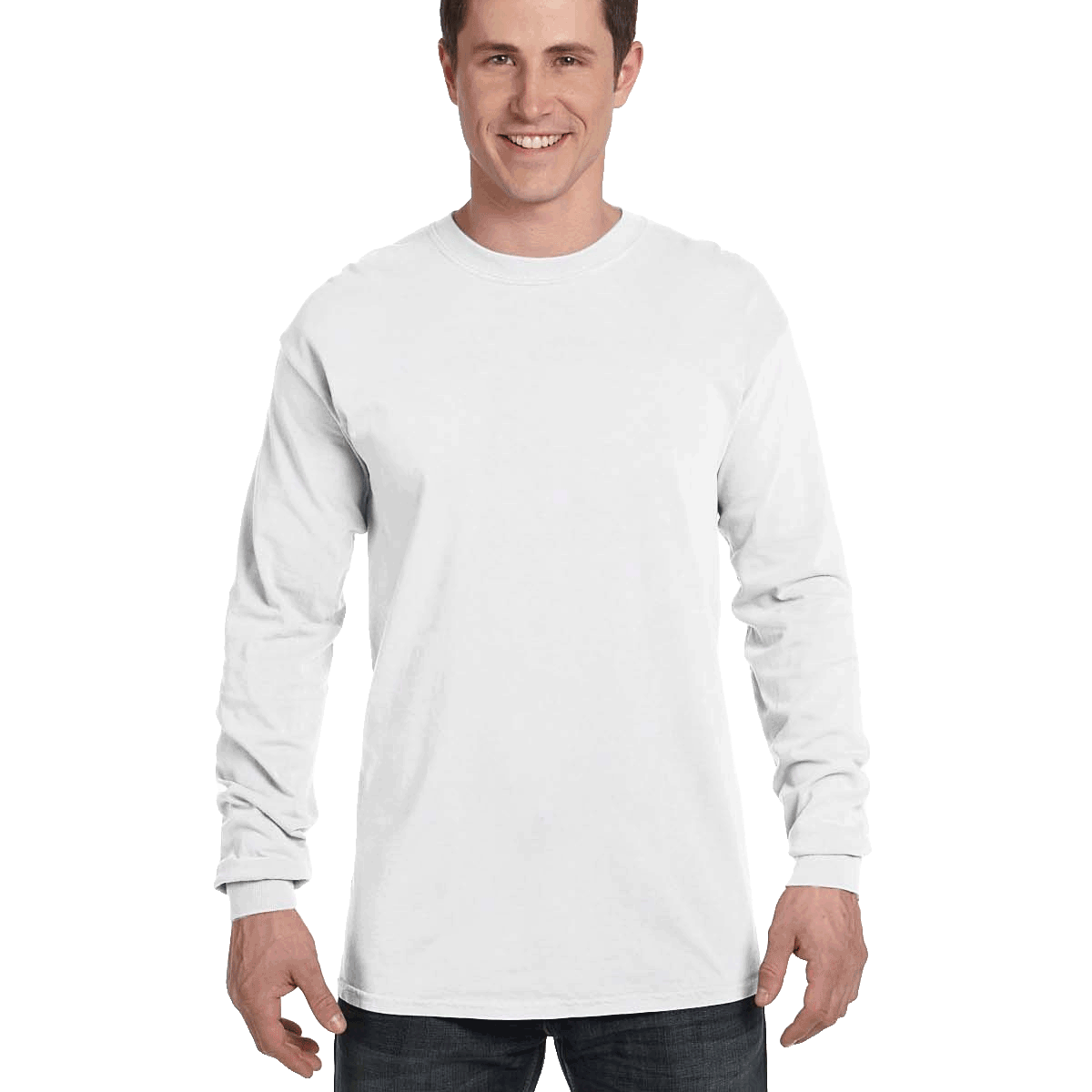 Man wearing a Comfort Colors Heavyweight Long Sleeve T-shirt in White.