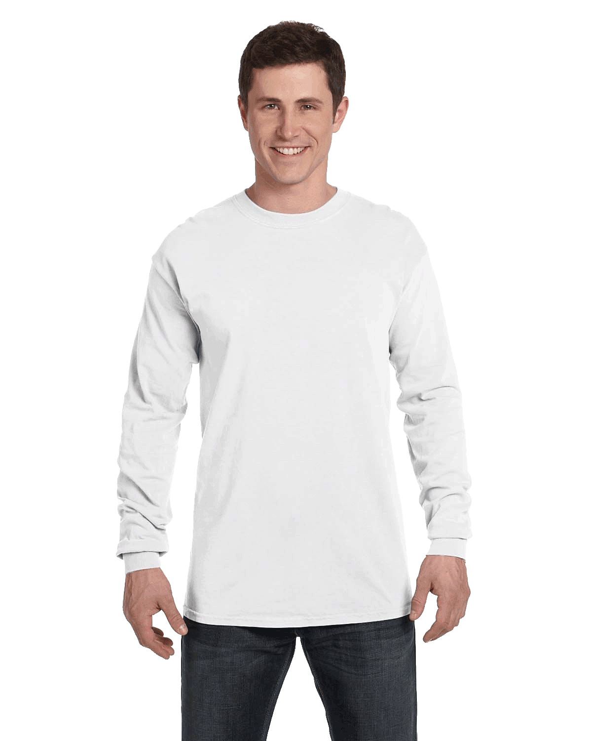 Man wearing a Comfort Colors Heavyweight Long Sleeve T-shirt in White.