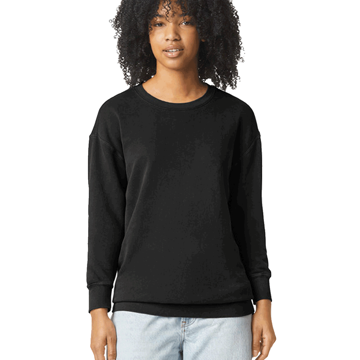 Woman wearing a Comfort Colors Unisex Lightweight Cotton Crewneck Sweatshirt in Black.