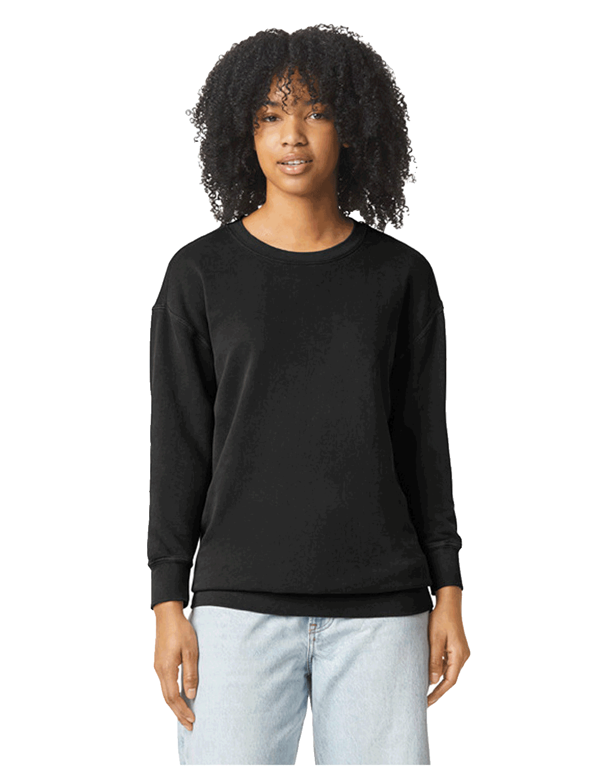 Woman wearing a Comfort Colors Unisex Lightweight Cotton Crewneck Sweatshirt in Black.