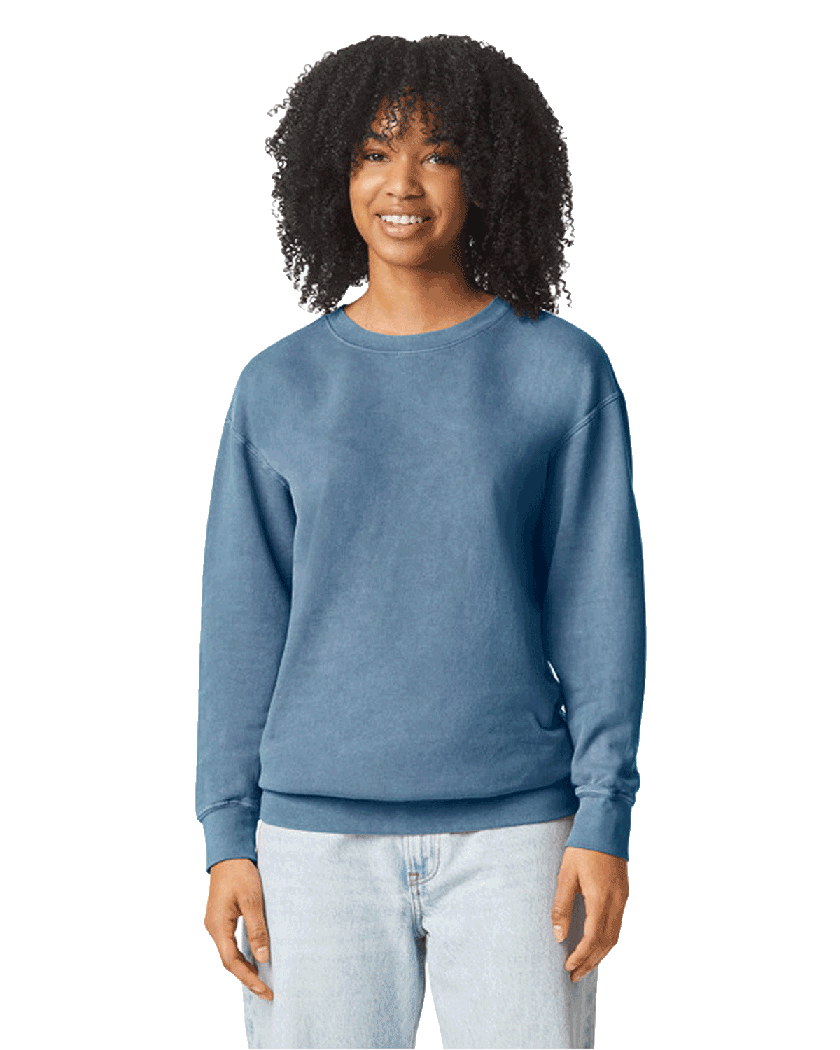 Woman wearing a Comfort Colors Unisex Lightweight Cotton Crewneck Sweatshirt in Blue Jean.