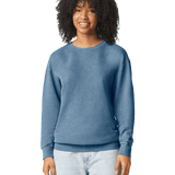 Woman wearing a Comfort Colors Unisex Lightweight Cotton Crewneck Sweatshirt in Blue Jean.