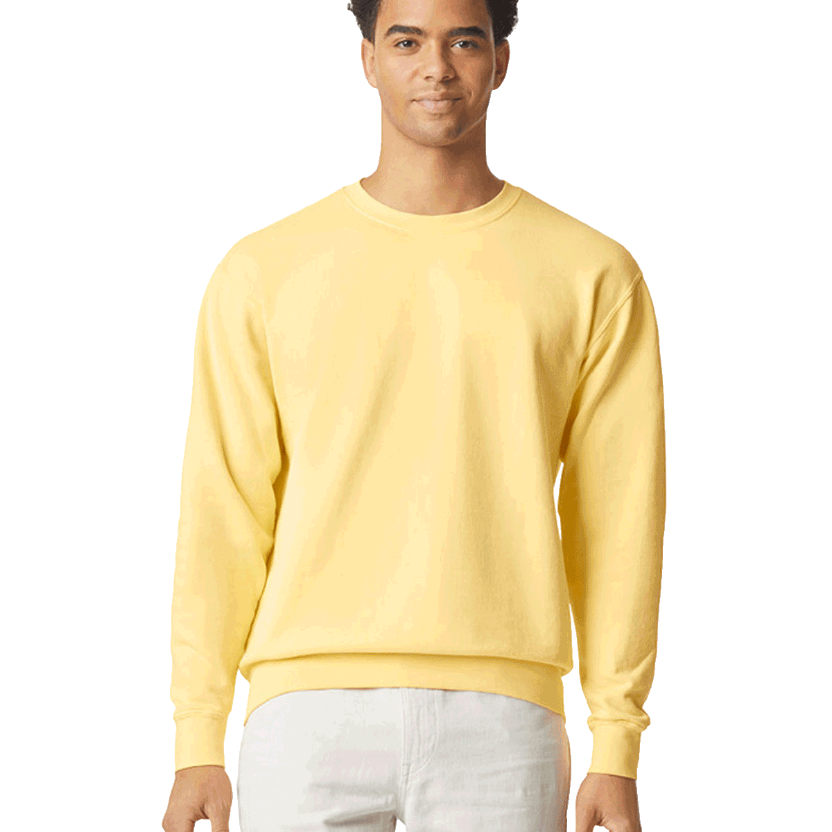 Man wearing a Comfort Colors Unisex Lightweight Cotton Crewneck Sweatshirt in Butter.