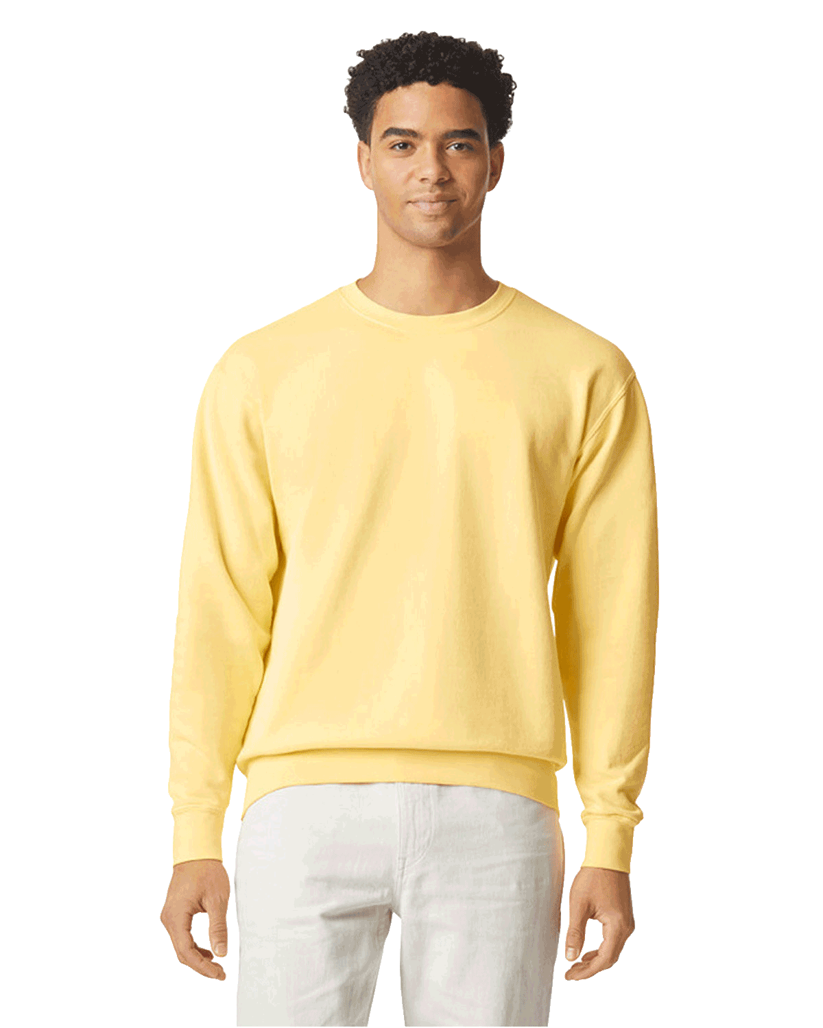 Man wearing a Comfort Colors Unisex Lightweight Cotton Crewneck Sweatshirt in Butter.