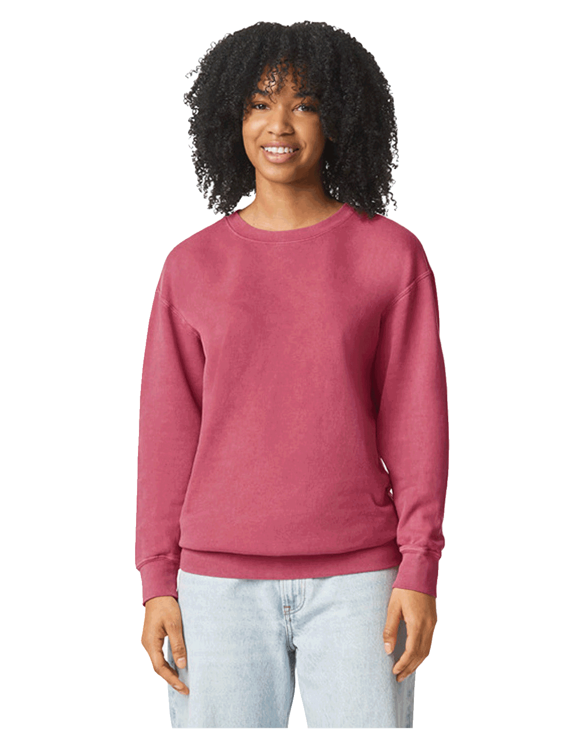 Woman wearing a Comfort Colors Unisex Lightweight Cotton Crewneck Sweatshirt in Crimson.