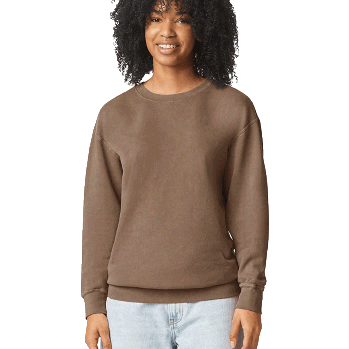 Woman wearing a Comfort Colors Unisex Lightweight Cotton Crewneck Sweatshirt in Espresso.