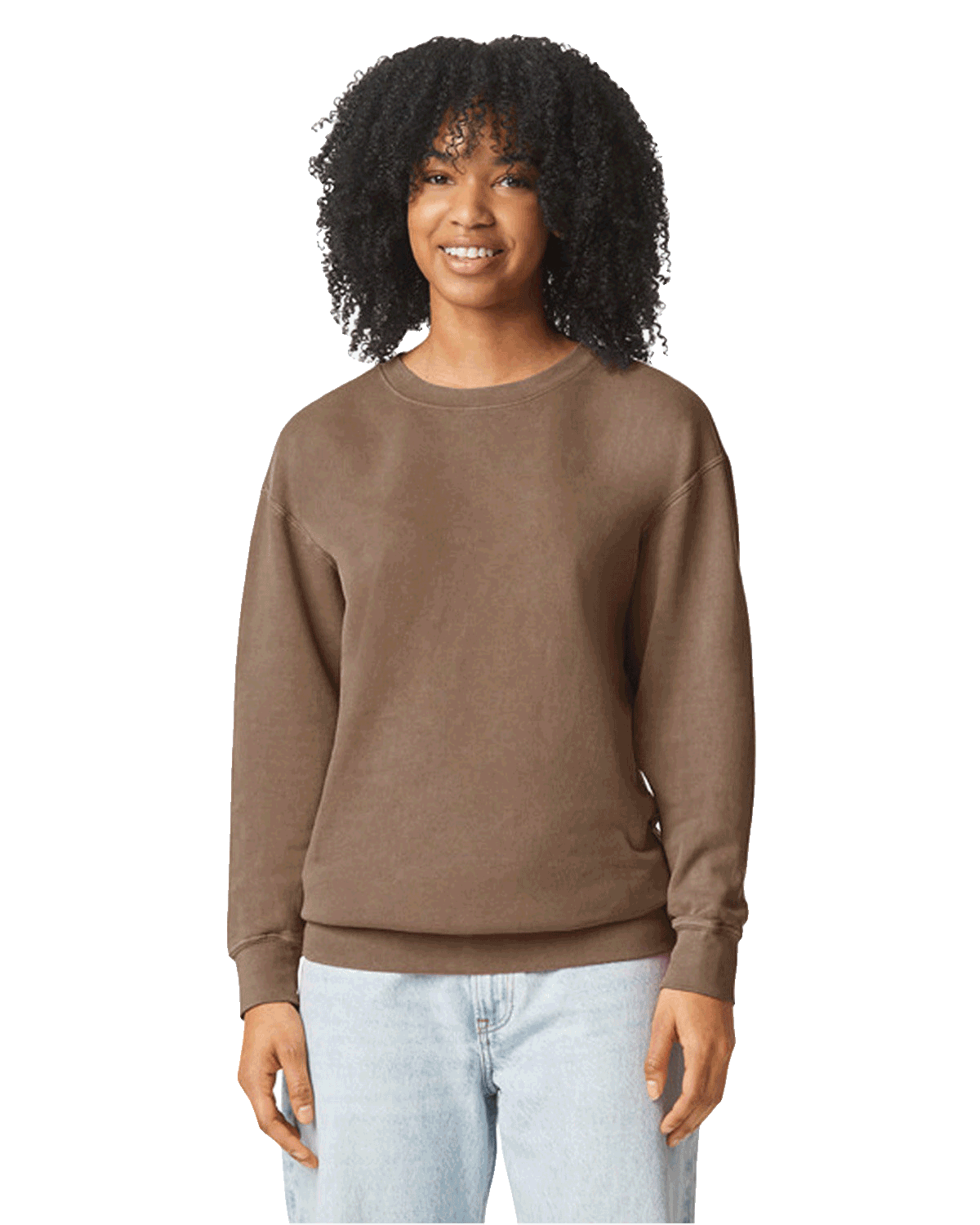 Woman wearing a Comfort Colors Unisex Lightweight Cotton Crewneck Sweatshirt in Espresso.