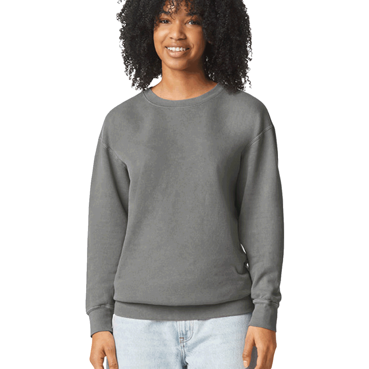 Woman wearing a Comfort Colors Unisex Lightweight Cotton Crewneck Sweatshirt in Grey.