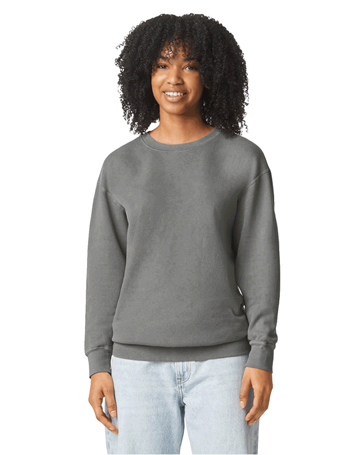 Woman wearing a Comfort Colors Unisex Lightweight Cotton Crewneck Sweatshirt in Grey.