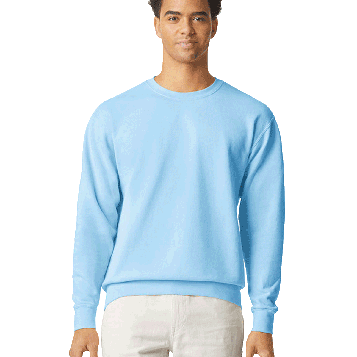 Man wearing a Comfort Colors Unisex Lightweight Cotton Crewneck Sweatshirt in Hydrangea.