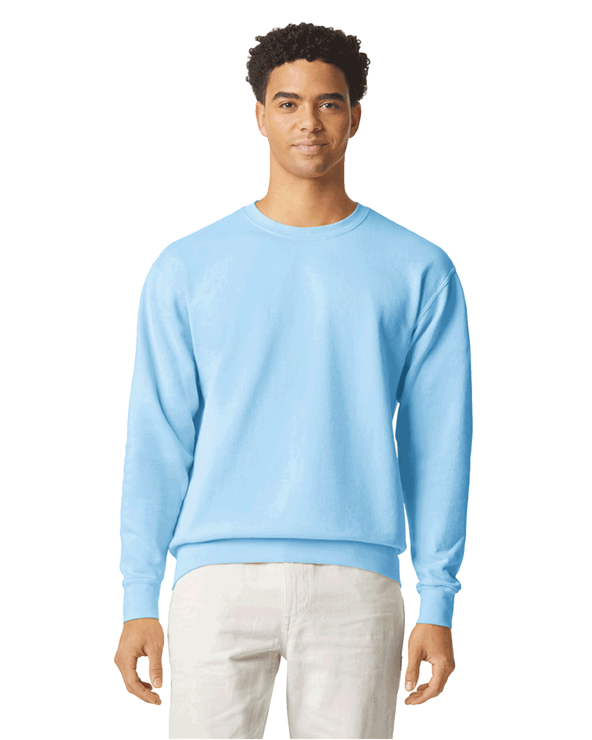 Man wearing a Comfort Colors Unisex Lightweight Cotton Crewneck Sweatshirt in Hydrangea.