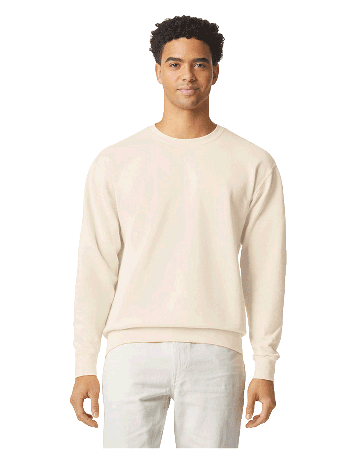 Man wearing a Comfort Colors Unisex Lightweight Cotton Crewneck Sweatshirt in Ivory.