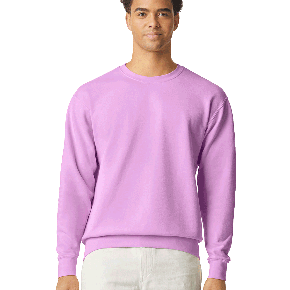 Man wearing a Comfort Colors Unisex Lightweight Cotton Crewneck Sweatshirt in Neon Violet.