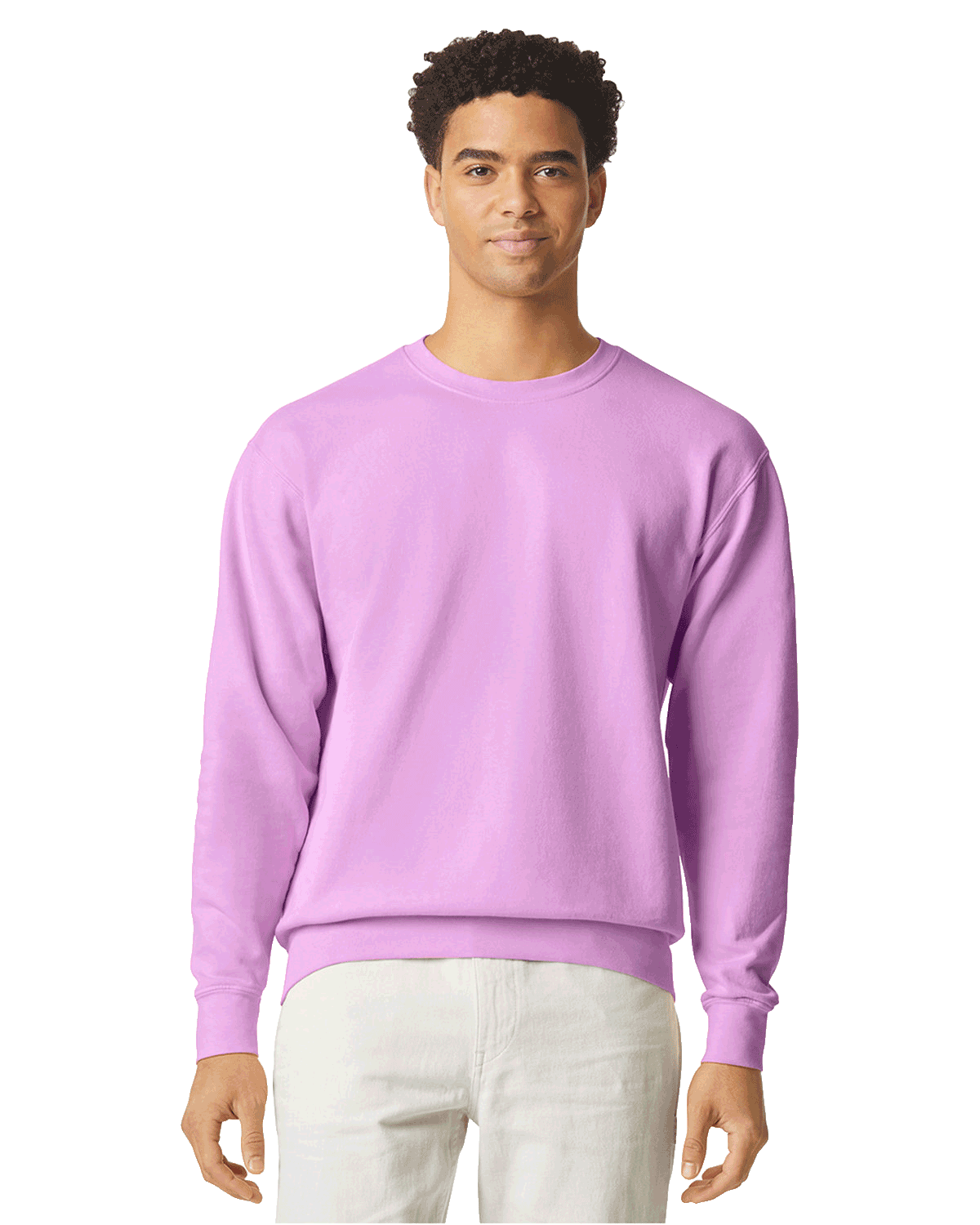 Man wearing a Comfort Colors Unisex Lightweight Cotton Crewneck Sweatshirt in Neon Violet.