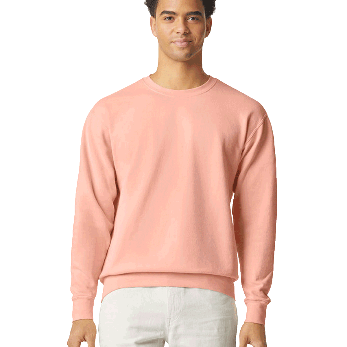 Man wearing a Comfort Colors Unisex Lightweight Cotton Crewneck Sweatshirt in Peachy.