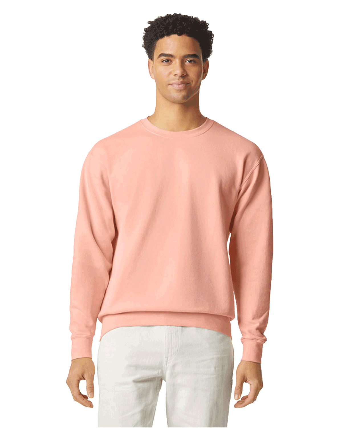 Man wearing a Comfort Colors Unisex Lightweight Cotton Crewneck Sweatshirt in Peachy.