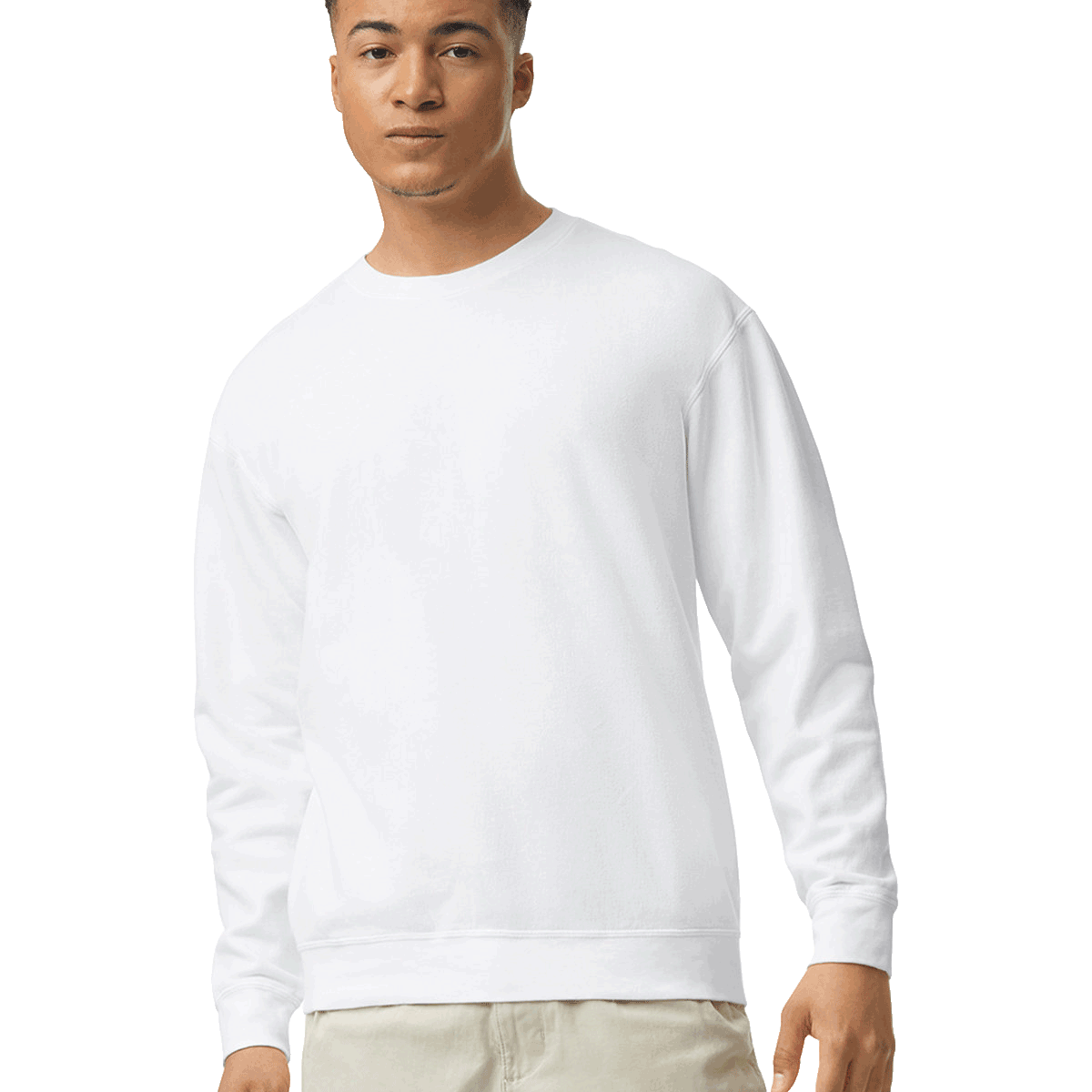 Man wearing a Comfort Colors Unisex Lightweight Cotton Crewneck Sweatshirt in White.