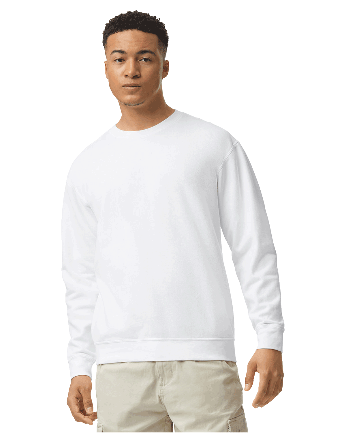 Man wearing a Comfort Colors Unisex Lightweight Cotton Crewneck Sweatshirt in White.