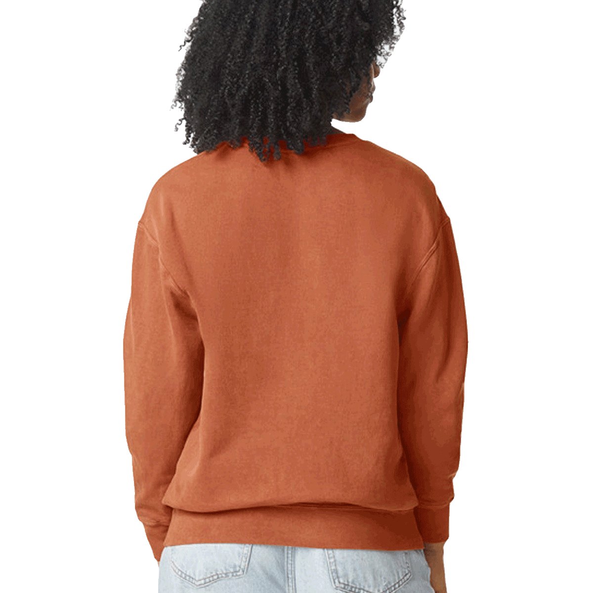 Rear view of woman wearing a Comfort Colors Unisex Lightweight Cotton Crewneck Sweatshirt in Yam.