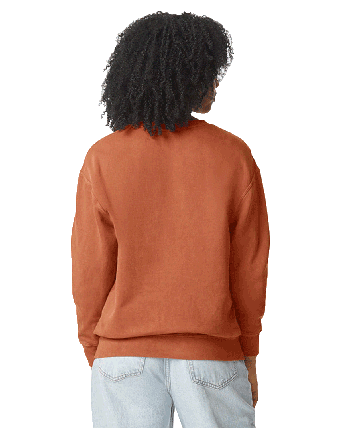 Rear view of woman wearing a Comfort Colors Unisex Lightweight Cotton Crewneck Sweatshirt in Yam.