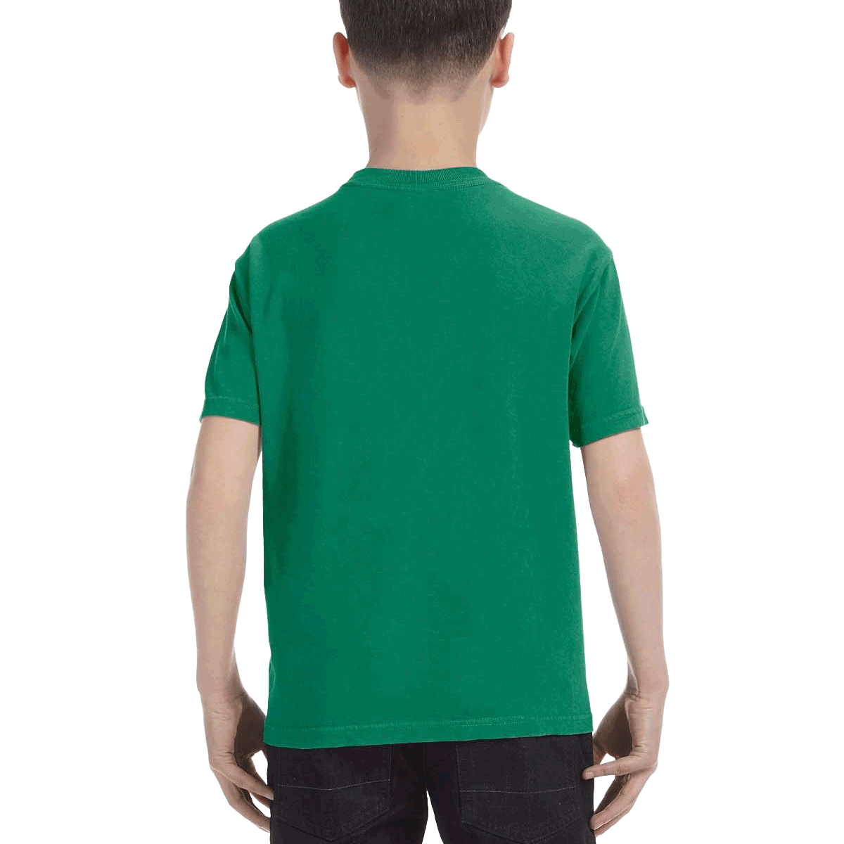 Back view of a boy wearing a Comfort Colors Youth Midweight T-Shirt in "Grass" color, standing with hands by his sides.