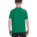 Back view of a boy wearing a Comfort Colors Youth Midweight T-Shirt in "Grass" color, standing with hands by his sides.