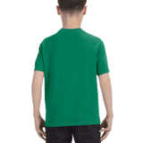 Back view of a boy wearing a Comfort Colors Youth Midweight T-Shirt in "Grass" color, standing with hands by his sides.