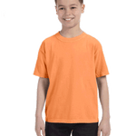 Young boy modeling a Comfort Colors Youth Midweight T-Shirt in "Melon" color, standing with a cheerful expression.