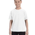 Child in a "White" colored Comfort Colors Youth Midweight T-Shirt, smiling while standing with hands relaxed by his sides.